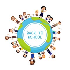 Back to school celebration flat vector illustration. Teachers and school children standing in circle around earth isolated cartoon characters. Educational system. Pupils new academic year