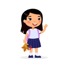 School girl, happy pupil flat vector illustration. Asian girl holding autumn leaves and berries isolated cartoon character. Elementary school student with backpack. Cheerful young lady. Back to school