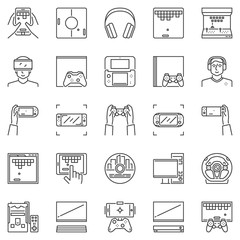 Video game outline vector icons set. PC, Home console, Mobile and Controllers concept symbols in thin line style