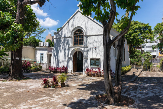 Panorama of Old protestant Chapel, Capela Protestante, and graveyard in Macau. Santo Ant&oacute;nio, Macao, China. Asia.
