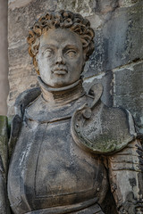 Statue of Saint Maurice (black Knight) in Magdeburg Cathedral as Roman soldier from Thebes in 13 century, Magdeburg, Germany, closeup, details
