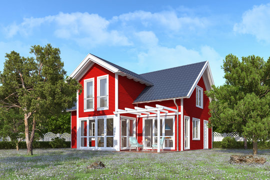 3d Illustration - Ein rotes, skandinavisches Einfamilienhaus in blühender Natur im Sommer am Tag