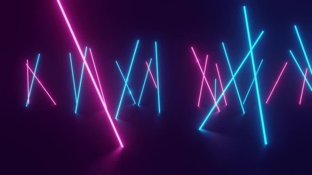Vertical glowing lines move in space. Abstract fluorescent background. Neon background. 4K loop animation.