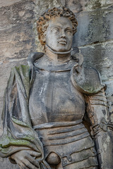 Statue of Saint Maurice (black Knight) in Magdeburg Cathedral as Roman soldier from Thebes in 13 century, Magdeburg, Germany, closeup, details