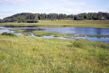 River landscape summer sunny morning