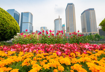 Tianfu Square in the flowers, Chengdu, Sichuan Province, China