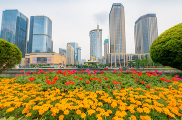 Tianfu Square in the flowers, Chengdu, Sichuan Province, China