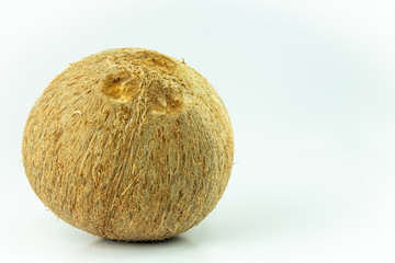 Closeup coconut, organic tropical fruit, hard white of large nut with hollow center filled with milky juice, popular fruit use for Thai cooking and many kind of dessert isolated on white background.