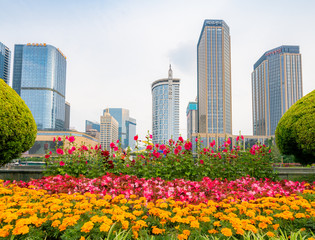 Tianfu Square in the flowers, Chengdu, Sichuan Province, China