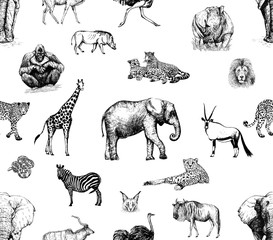 Seamless pattern of hand drawn sketch style wild animals isolated on white background. Vector illustration.