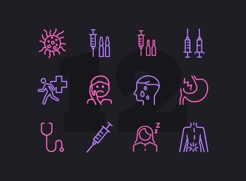 Diseases line icon set. Set of line icons on white background. Healthcare concept. Syringe, injection, bacteria, person. Vector illustration can be used for topics like medicine, health, treatment