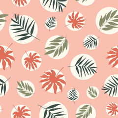 Vector hand drawn tropical leaves in white bubbles seamless pattern.