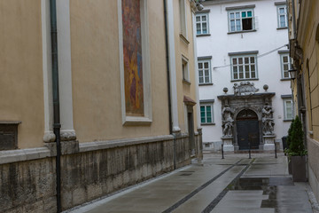 Ljubljana,Slovenia,6,2016: Street, river, bridges with dragons, magical city.