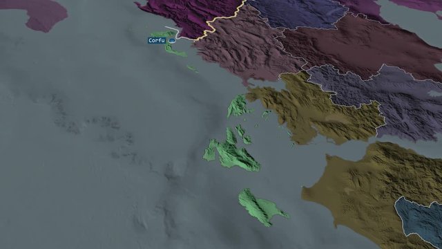 Ionian Islands - region of Greece with its capital zoomed on the administrative map of the globe. Animation 3D
