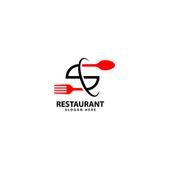 Letter S logo with fork, spoon, Eat logo. Cafe or restaurant emblem.