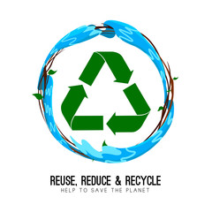 Isolated botanical wreath with a water wave and recycling symbol- Vector