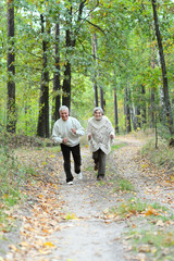 Fototapeta premium Portrait of senior couple walking in autumn forest