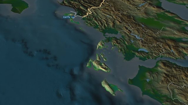 Ionian Islands - region of Greece with its capital zoomed on the physical map of the globe. Animation 3D