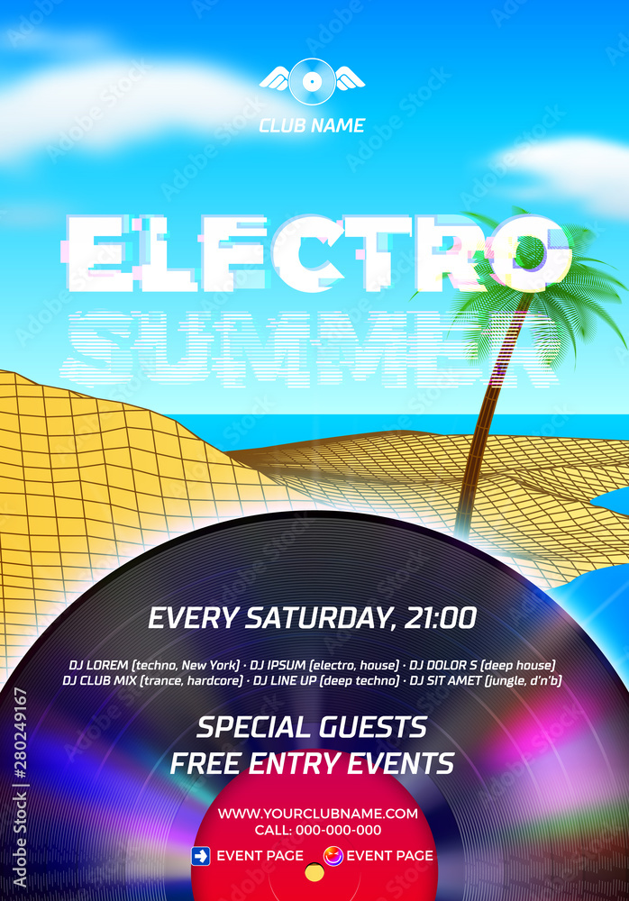 Poster beach party poster for clubbing dance event with 80s retro or synth wave style and palm trees