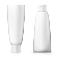 Vector set - 3d realistic shampoo bottles with different white caps. Mock-up for product package branding.
