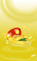 Fresh Mango. Splash juice. Fruit 3d realistic vector. Package design or poster, advertising.