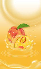 Fresh Peach. Splash juice. Fruit 3d realistic vector. Package design or poster, advertising.