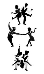 Vertical composition of three couples. People in 1940s or 1950s style dancing swing, jazz, lindy hop or boogie woogie. Vector illustration in black and white colors.
