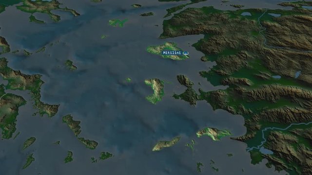North Aegean - region of Greece with its capital zoomed on the physical map of the globe. Animation 3D