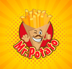 Smiled box full with french fries. Delisious snack in craft paper packaging bag. Character with thumb up on sunburst halftone background. Vector illustration.