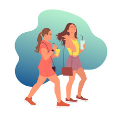Two young girls characters in casual outfit walking with coffee cup in hand on blue background