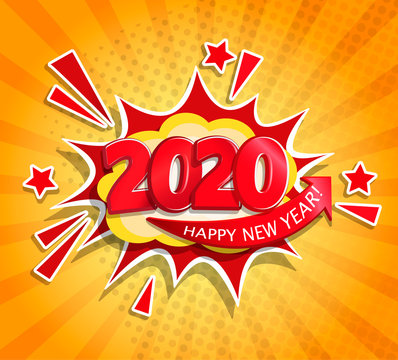2020 New Year Comic Boom card in retro pop art style on sunburst background.Christmas comic text speech bubble.Halftone vector banner, greetings card, flyers, invitation, posters, brochure, calendars.