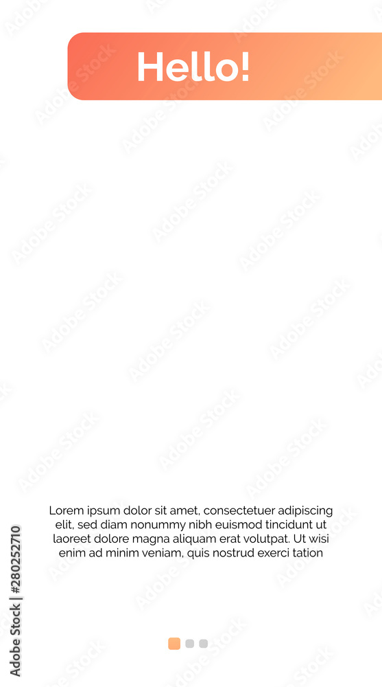 Poster hello page mockup for mobile interface template with right orange header, sample text. mobile, scree