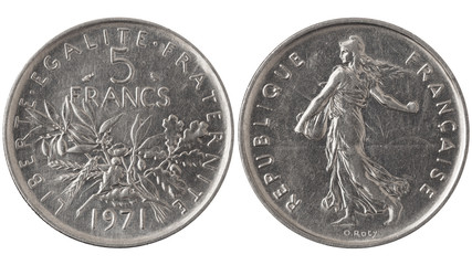 Vintage 5 francs of France, 1971. Steel coin isolated on white.