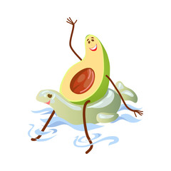 Cute avocado character is swimming in pool with inflatable ring