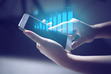 business chart graph, deep learning, hologram on technology smartphone with futuristic for business online social network, security cloud storage