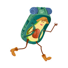 Naklejka premium Tourist avocado character with brown hat and big backpack