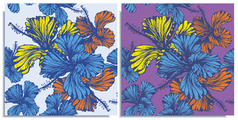 Obraz premium Vector set of seamless patterns with wonderful colorful hibiscus, hand-drawn in graphic and real-style at the same time. Delicate colors: yellow, purple, blue, orange. Looks vintage, beautiful
