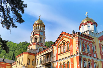 church building in city orthodox cathedral historical architecture urban landscape closeup view of new afon christian monastery in abkhazia tourist travel attraction cityscape landmark