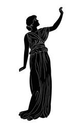 Fototapeta na wymiar An ancient Greek girl in a tunic stands lifting her hand up. Vector image isolated on white background.