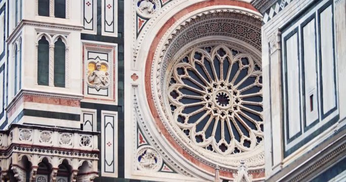 Fantastic facade of Basilica di Santa Maria del Fiore on bright sunny day. Walking around Florence, Tuscany during summer tour. Medieval cityscape.