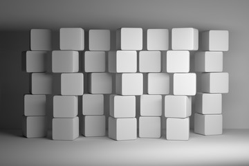 Stacks of many same size white boxes cubes. Mock up with five 5 columns and seven rows of cubes
