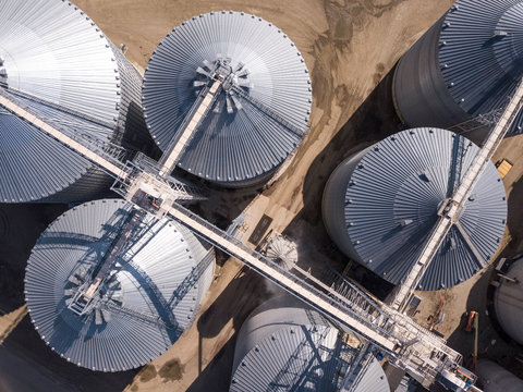 Aerial overhead view of grain storage elevators in South Dakota, USA.