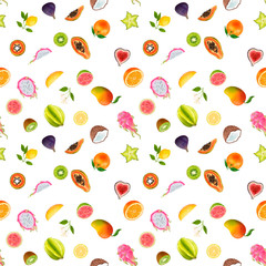 Tropical fruits illustration on white background. Seamless pattern. Dragon fruit, kiwi, papaya, carambola, star fruit, lemon, orange, fig, guava, coconut, mango