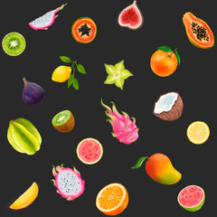 Tropical fruits illustration on dark background. Dragon fruit, kiwi, papaya, carambola, star fruit, lemon, orange, fig, guava, coconut, mango