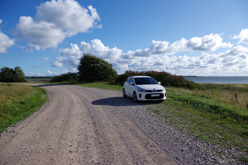 Plakat voiture blanche dans la nature sur l'ile de saaremaa, Estonie