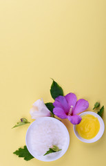 Beautiful layout of cosmetic products on yellow background. Natural cosmetic.