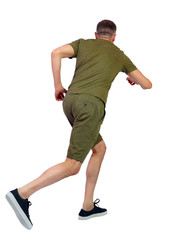 back view of running  man in shorts.