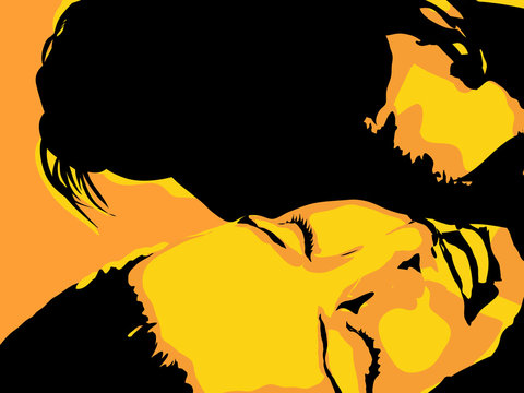 pop art couple amour, baiser gros plan couch&eacute;, sensualit&eacute;,&eacute;t&eacute;,plage (aplat couleur)