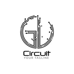 Letter GU with circuit on white background.  flat design, 