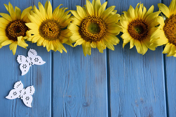 Autumn banner with flowers of sunflower on a blue wooden background. Frame for greeting card with flowers of sunflower. View from above